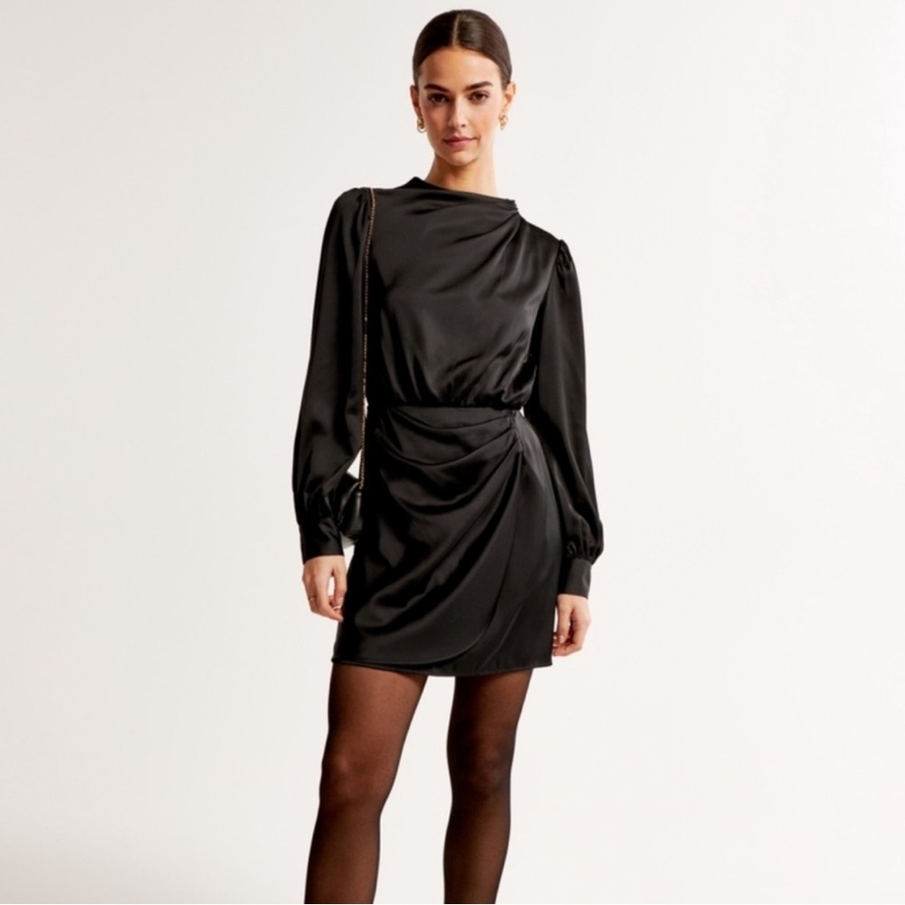 Abercrombie Long-Sleeve Satin Draped High-Neck Mini Dress Size M NWT